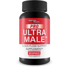 Pro Ultra Male bottle and capsules on white background