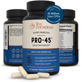 Front view of Live Conscious PRO45 Probiotics bottle with 30 veggie capsules