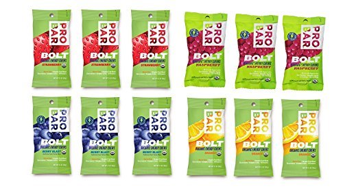 Probar Bolt Organic Energy Chews Berry Blast packaging showing Orange Bolt, Raspberry and Strawberry flavors - 12 pack