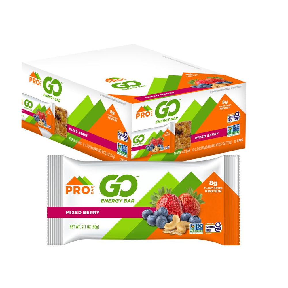 Probar GO Mixed Berry energy bar box front for on-the-go energy and convenient snacking.