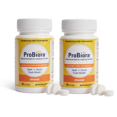 Front view of ProBiora orange flavor chewable probiotic tablets