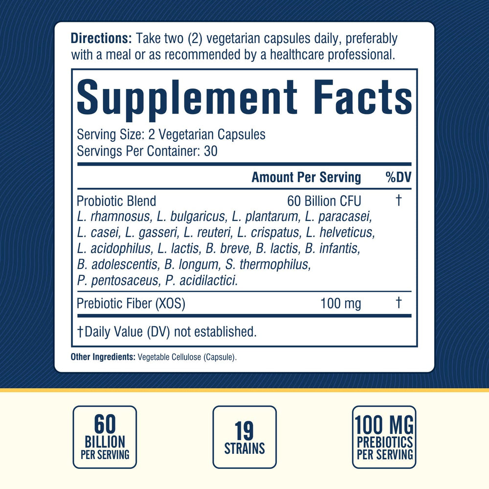 Close-up of probiotic capsules showing 60B CFU and 19 strains