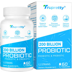 Bottle of probiotic supplement with 200B CFUs and 60 capsules
