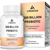 Front view of 300Billion CFU Probiotics bottle with 60 capsules
