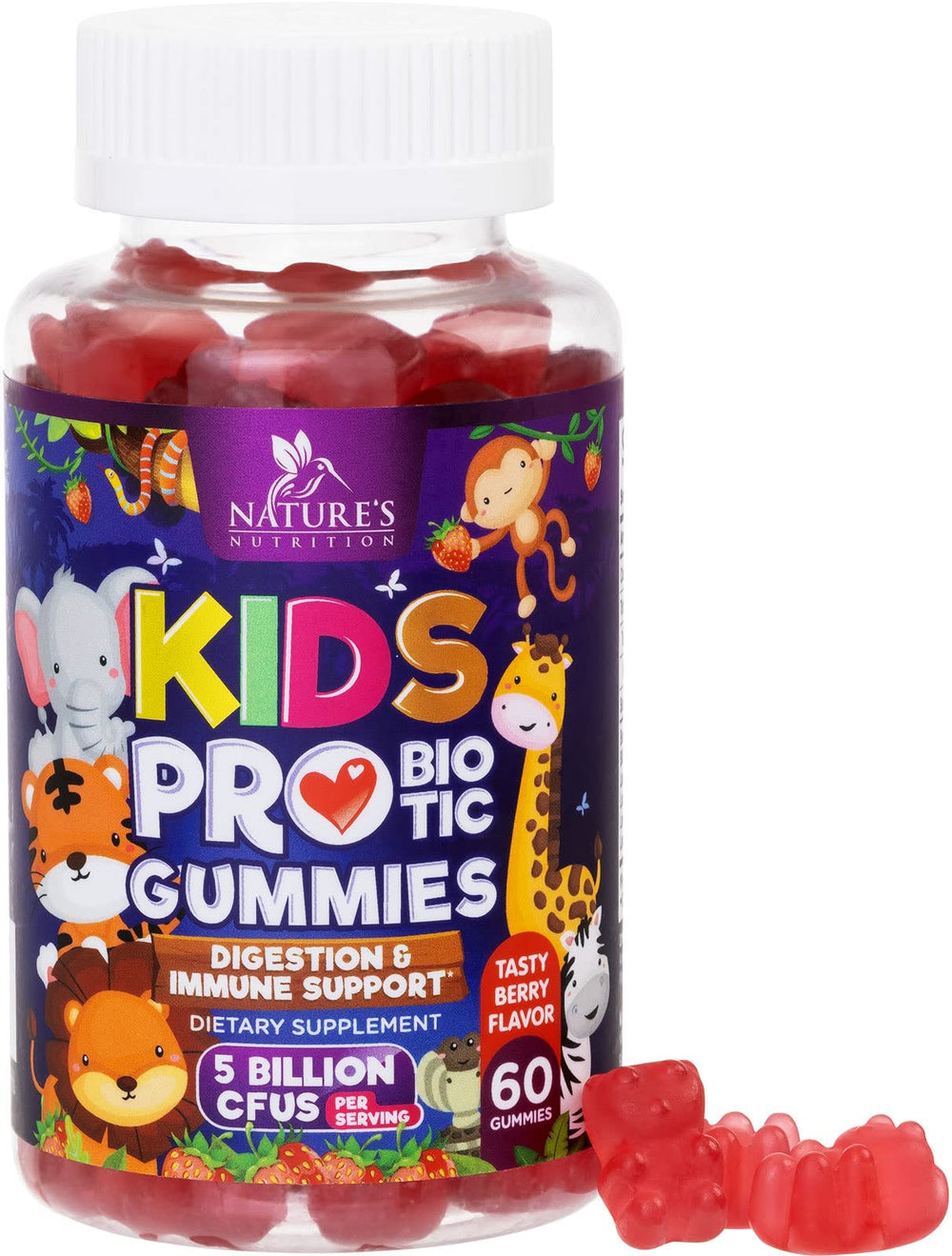 Front view of the 60-count bottle of Probiotics for Kids 5 Billion CFU Berry Gummies