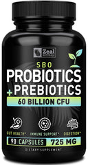 Front view of bottle labeled Probiotics & Prebiotics + SBO Probiotics 60 Billion CFU 90 Capsules