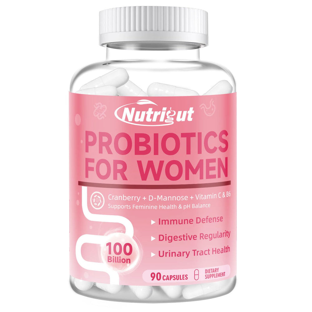Nutrigut Women Probiotics bottle showing 100 Billion CFUs and 10 strains