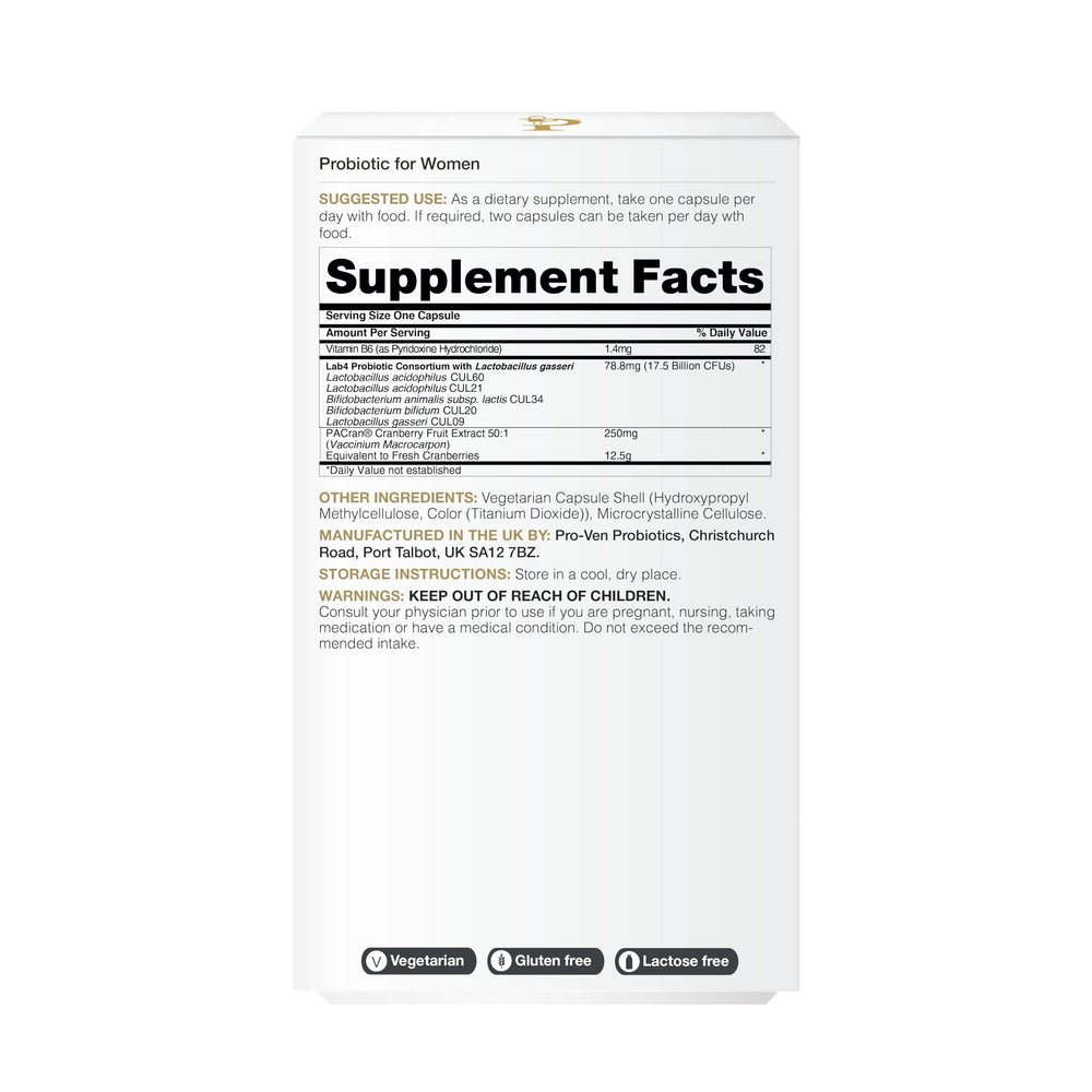 UK-made probiotic label with clinical testing seal