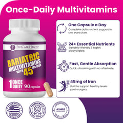 Bottle of ProCare Bariatric Multivitamin 45mg Iron on a shelf