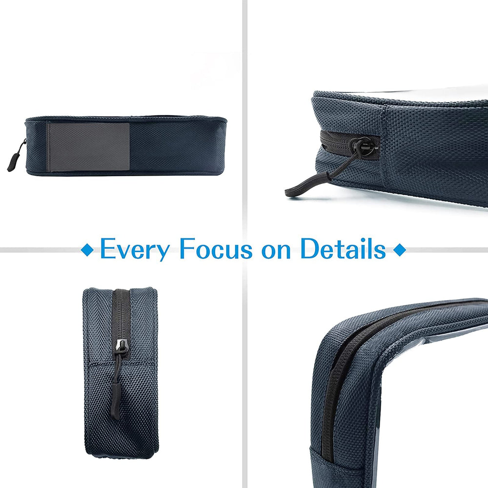 Navy travel pouch with clear one side for quick access