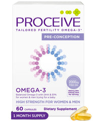 Front view of the Proceive Pre-Conception Omega-3 bottle with 60 softgels