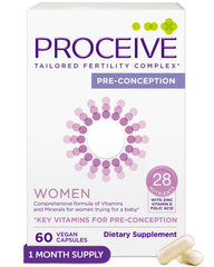 Proceive Women fertility supplement bottle with 60 vegan capsules on white background