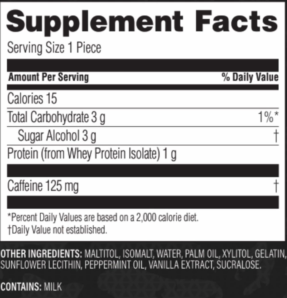 PROCHEW nutrition facts show 15 calories per chew and protein support.