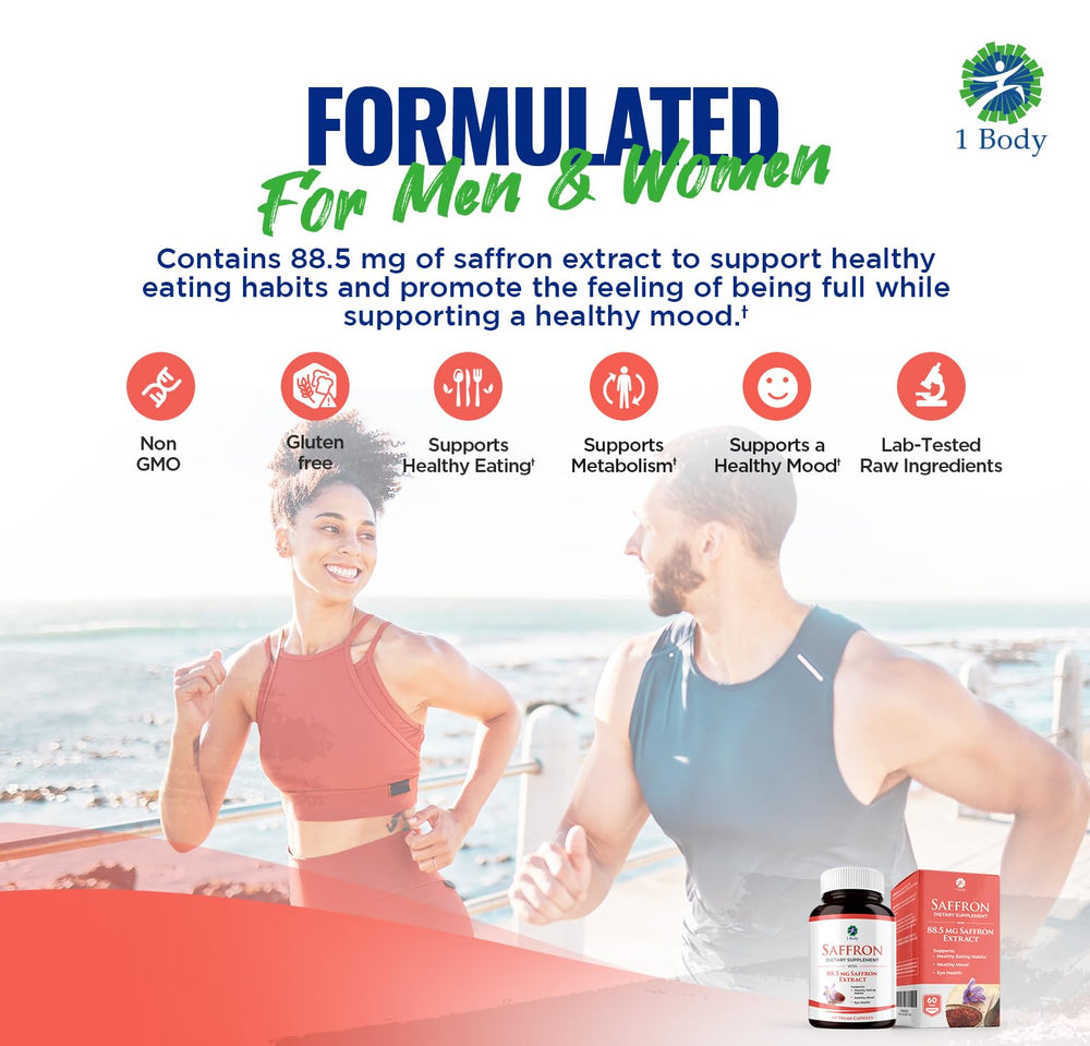 Caffeine-free saffron extract capsules for daily wellness