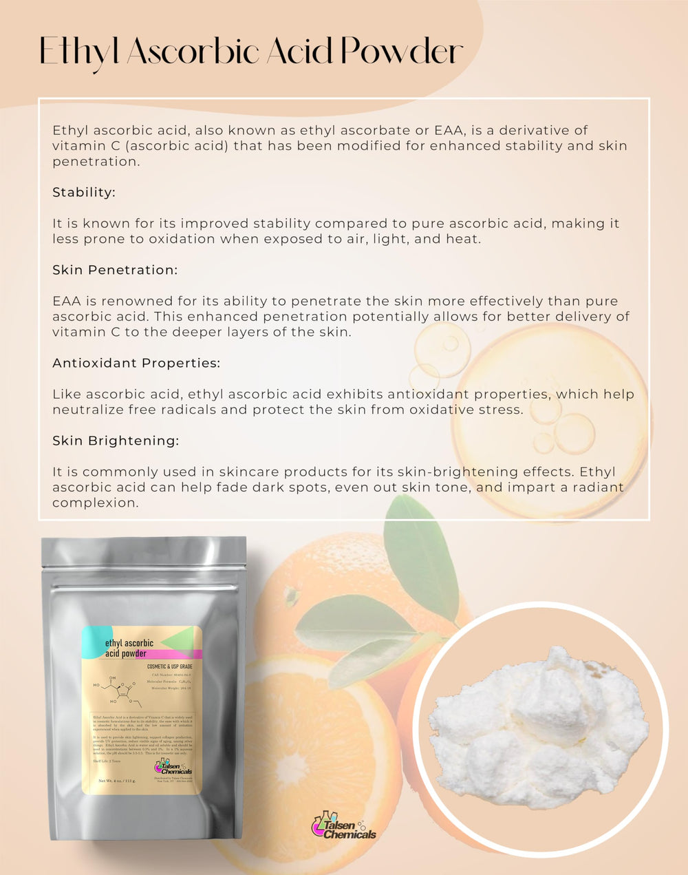 Packaging of Ethyl Ascorbic Acid Powder 28 g / 1 oz