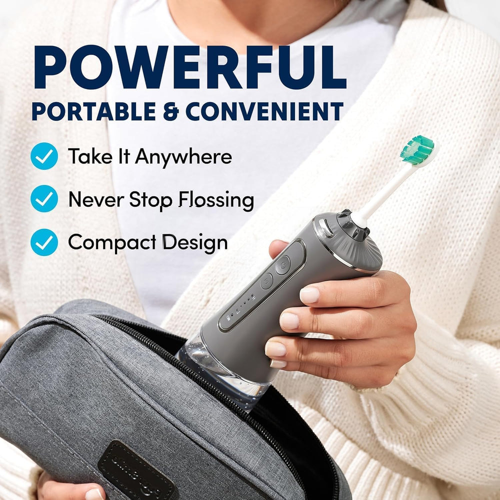 IPX7 waterproof rating highlighted on grey flosser