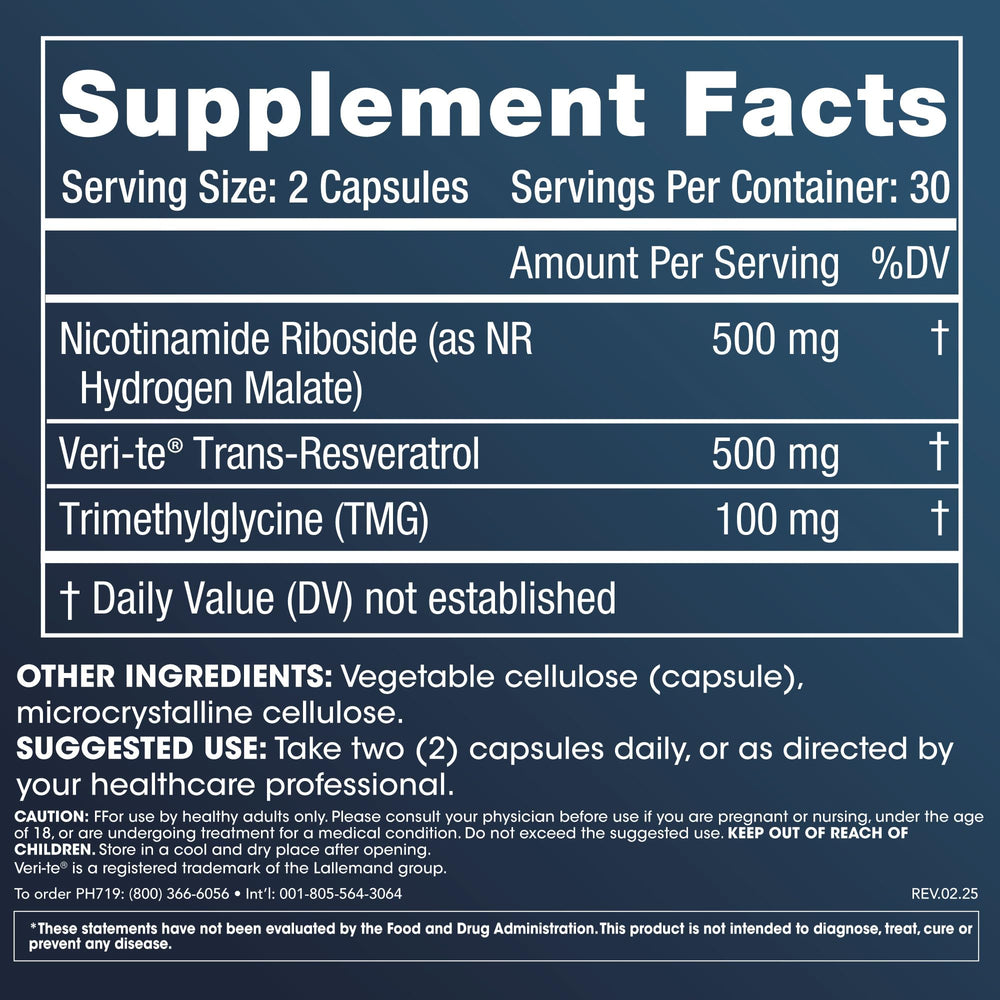 Close-up of NR Hydrogen Malate, TMG, and Trans-Resveratrol ingredients
