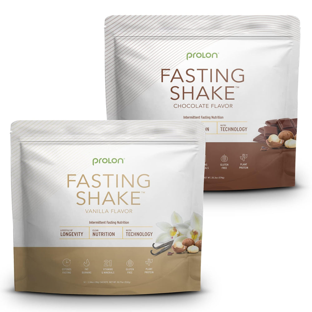 Prolon drink mix packaging showcases vanilla and chocolate flavors for vegan, keto-friendly nutrition.