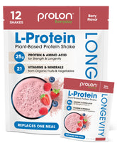 Prolon Longevity Berry protein powder bottle highlights plant-based protein for recovery.