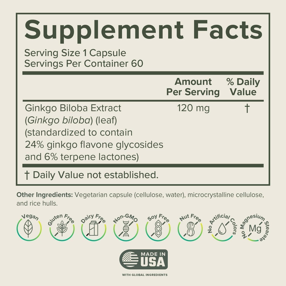 Close-up of Ginkgo Biloba 120mg bottle label