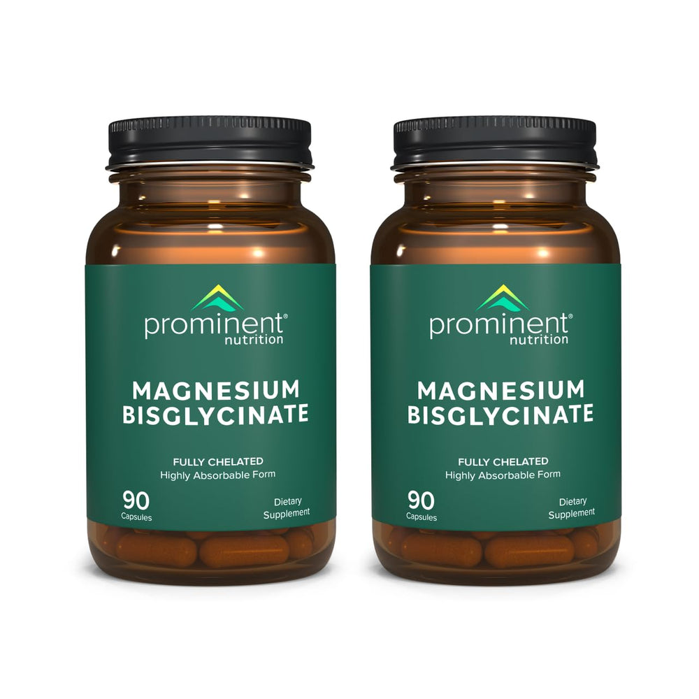 Bottle of Prominent Nutrition magnesium bisglycinate capsules on white background