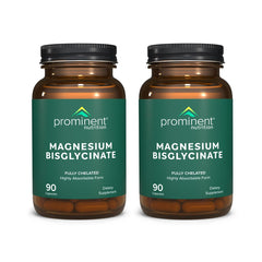 Bottle of Prominent Nutrition magnesium bisglycinate capsules on white background
