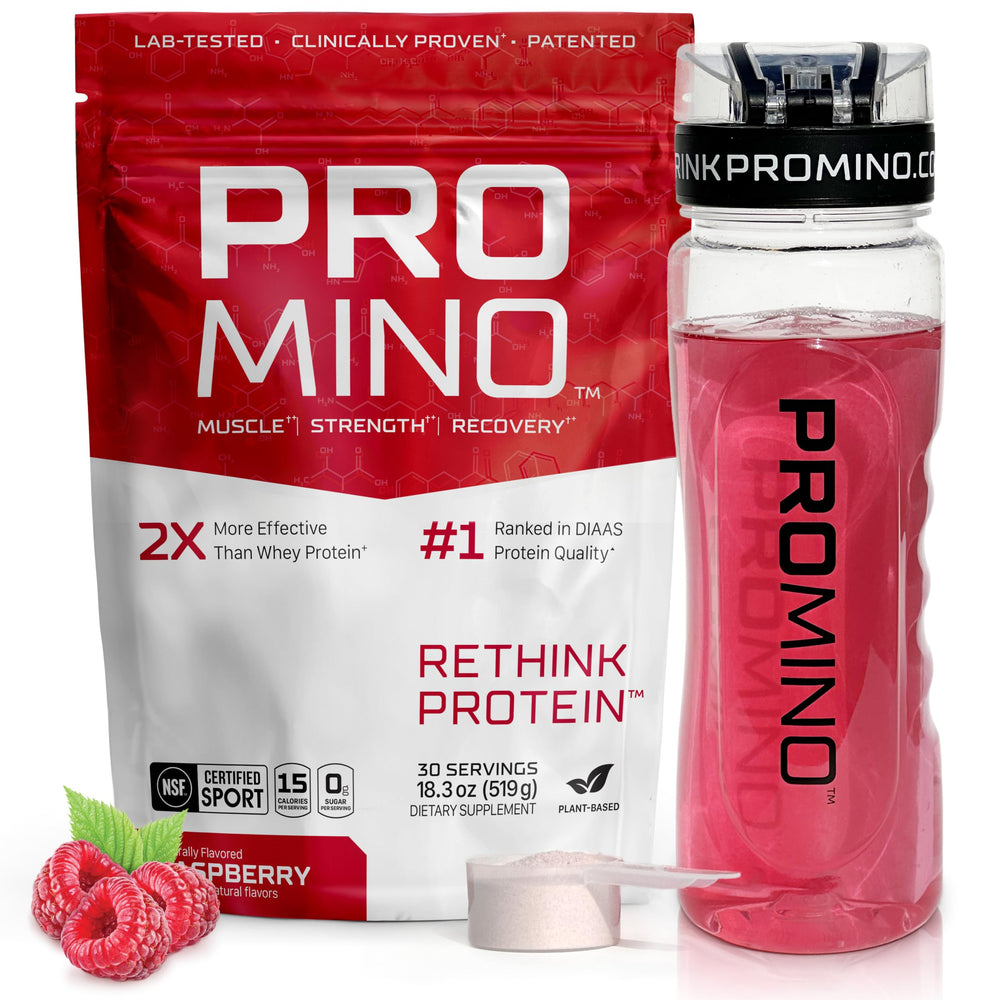 Promino essential amino acid drink raspberry bottle boosts post-workout recovery