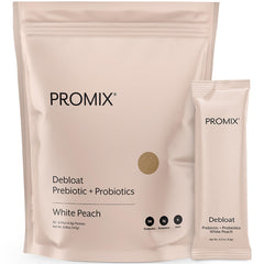 Promix Debloat prebiotics and probiotics bottle with White Peach flavor