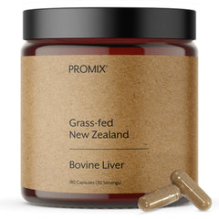 Front view of ProMix Nutrition Grass-Fed Raw Beef Liver Supplement bottle