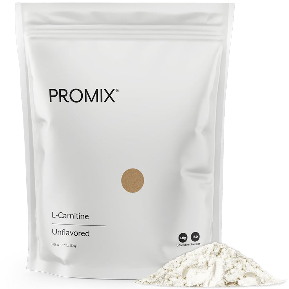 ProMix L-Carnitine powder unflavored bottle pour shows sugar-free formula for workouts