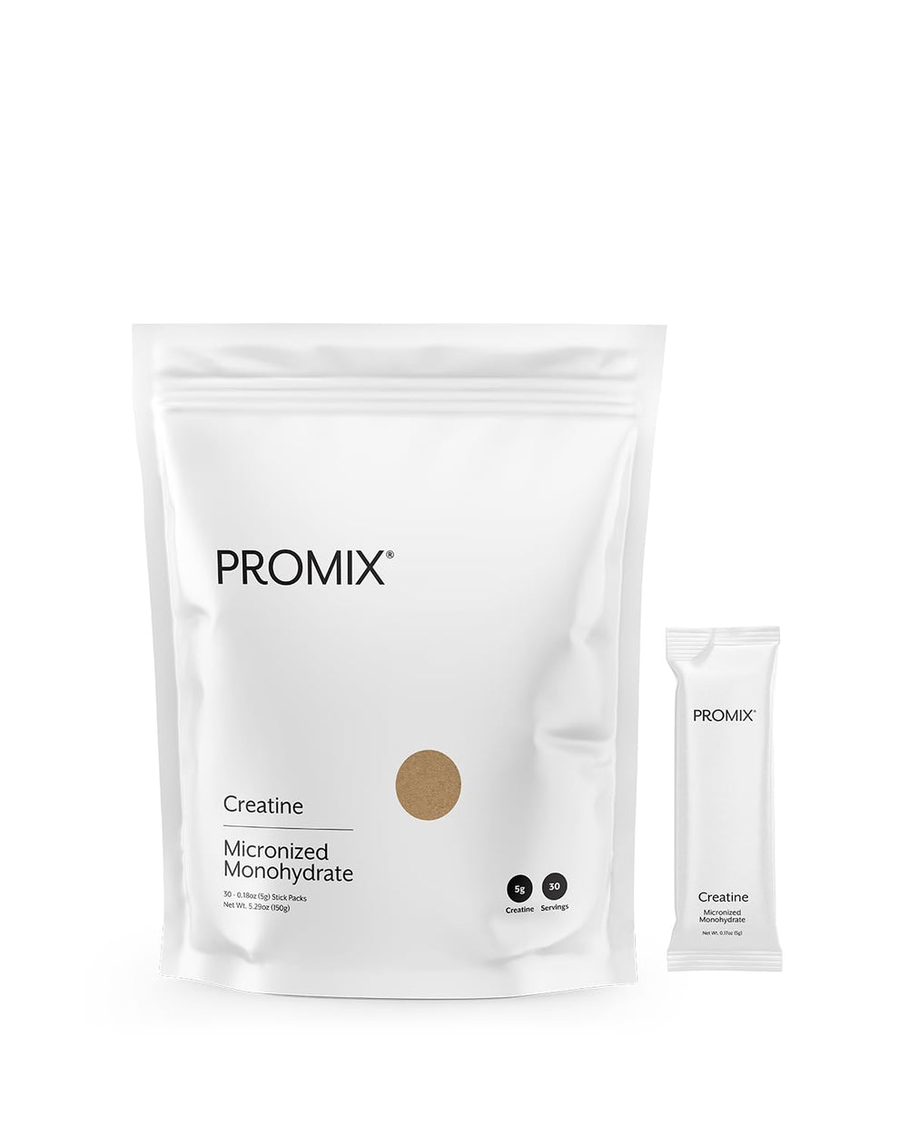 ProMix Nutrition Creatine Monohydrate Travel Packs front label with 5 g per serving.