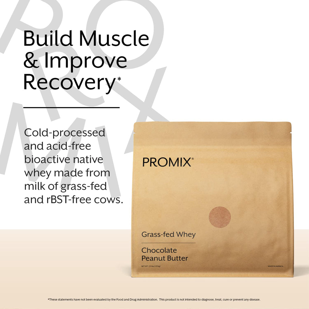 ProMix Nutrition whey protein ingredients closeup highlighting grass-fed dairy and cacao