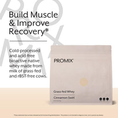 Lifestyle shot of ProMix Cinnamon Swirl whey protein shake with 5lb tub