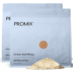 Two 5 lb canisters of Promix Whey Protein Powder, unflavored and grass-fed