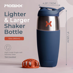 Promixx 32oz shaker snap-fit-agitator ensures smooth mixing of powders for quicker workouts.