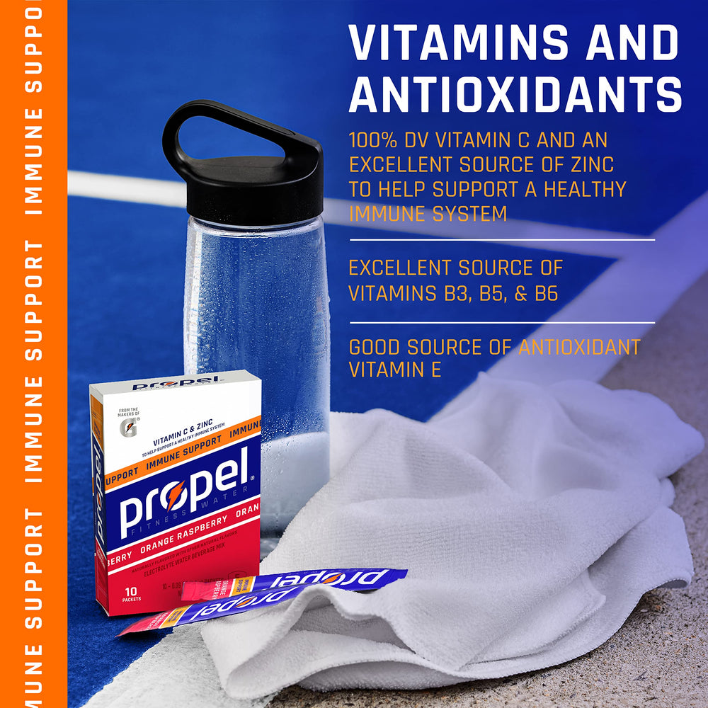 Propel powder scoop with glass of water showing powder mix