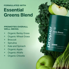 Nutrition facts label on Proper Greens Daily Boost tub