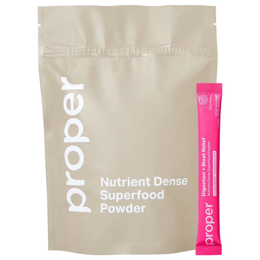 Front view of Proper The Pinks Digestion and Bloat Relief Drink Mix container