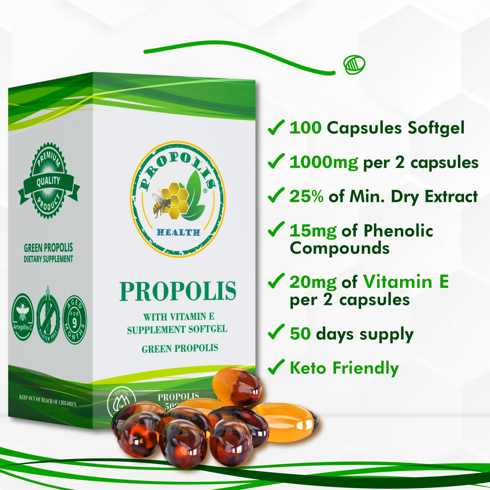 Vitamin E capsules beside propolis capsules