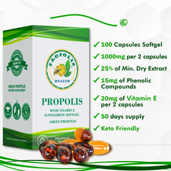 Vitamin E capsules beside propolis capsules