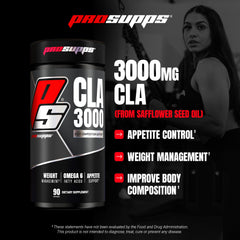 PROSUPPS CLA 3000 bottle close-up highlights readable label and clean ingredients.