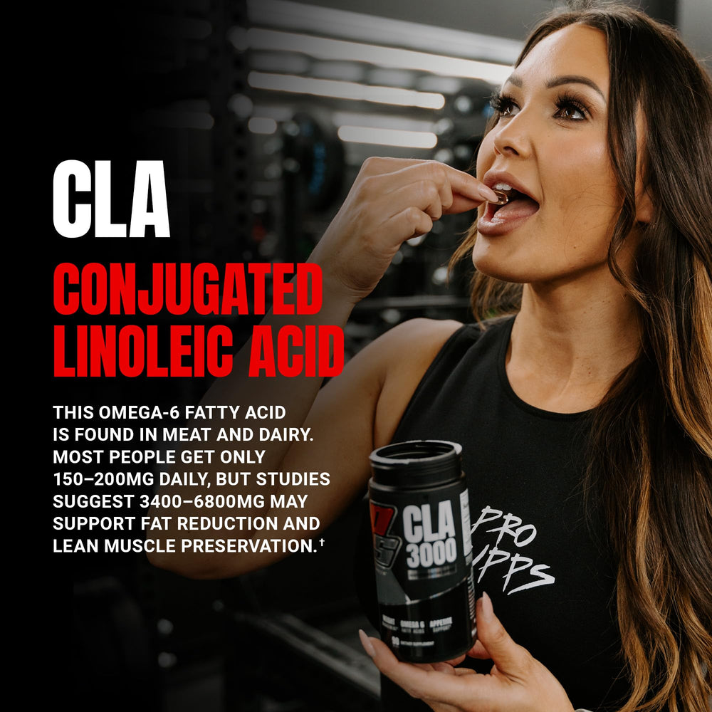 PROSUPPS CLA 3000 softgels poured illustrate easy daily dosage.
