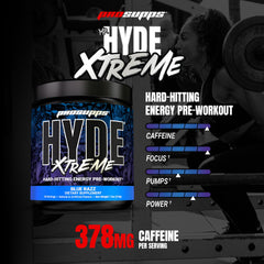 Blue Razz flavored pre-workout scoop beside tub