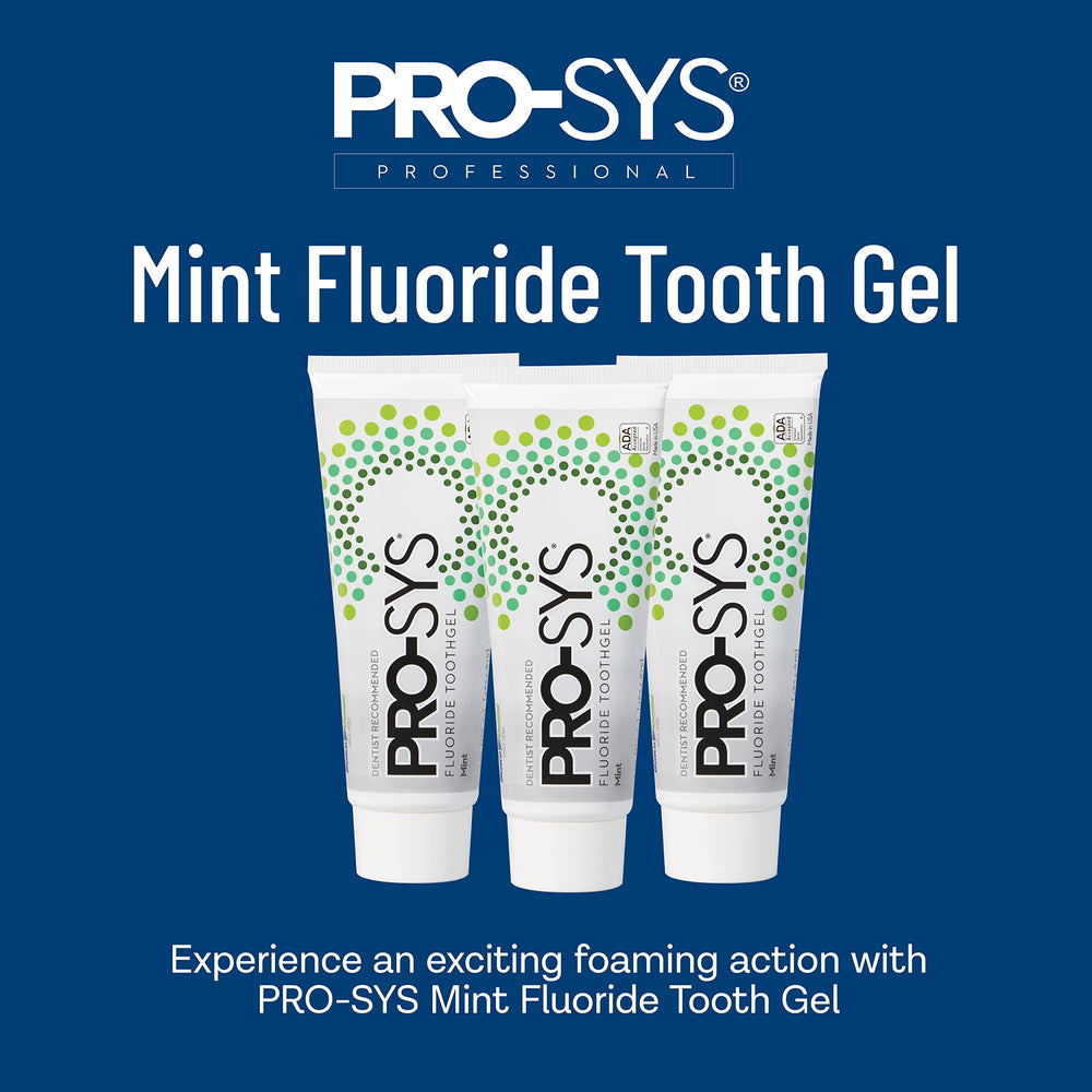 Back view of PRO-SYS Mint Fluoride Toothpaste Gel 3-pack showing labeling