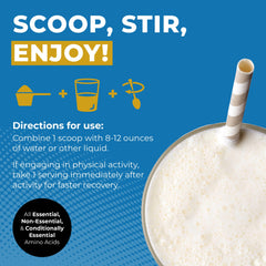 Vanilla collagen powder being stirred into a beverage