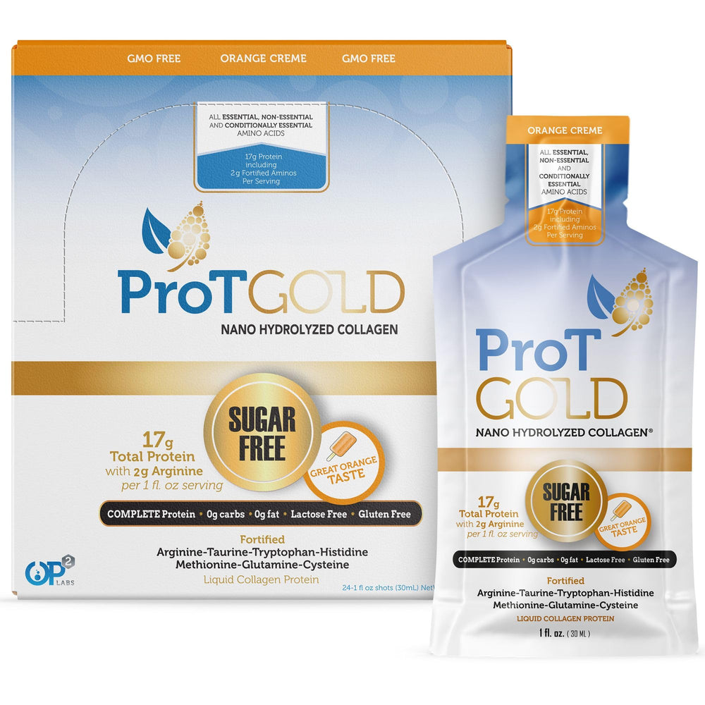 Front view of ProT Gold Orange Creme liquid collagen shot 1 oz 24-pack