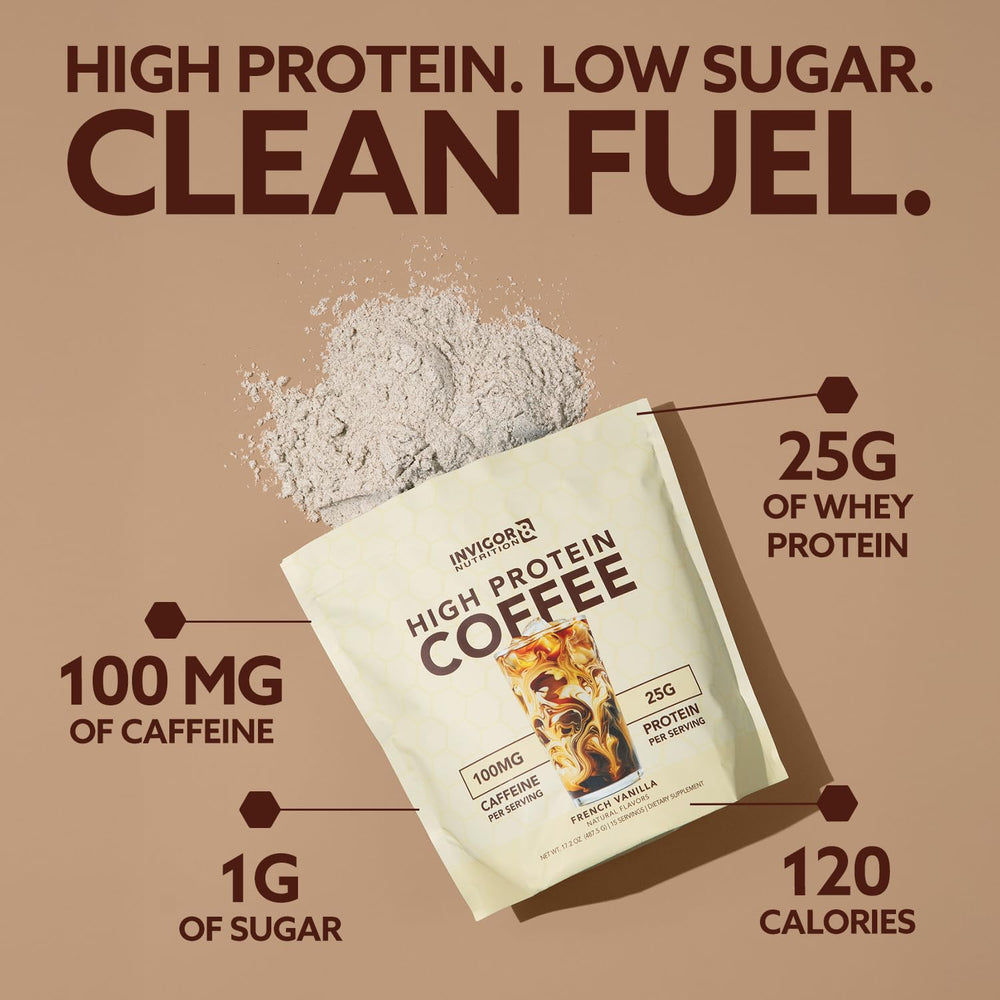 Nutrition panel showing 25 g protein and 100 mg caffeine