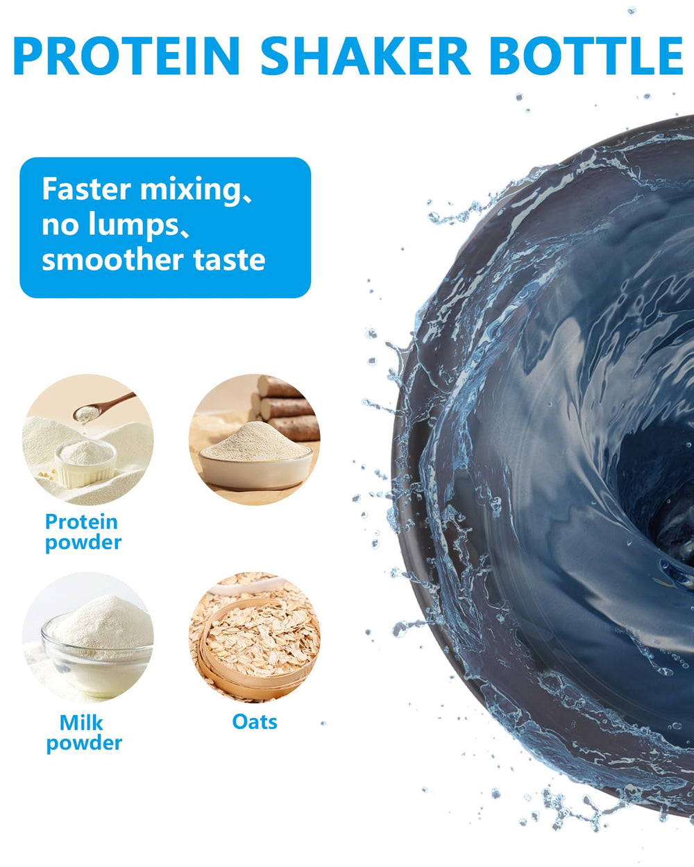 Dishwasher-safe protein shaker bottle with storage