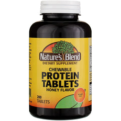 Honey-flavored chewable protein tablets in bottle