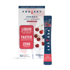 Protekt black cherry energy packets ready to mix for a keto-friendly boost.
